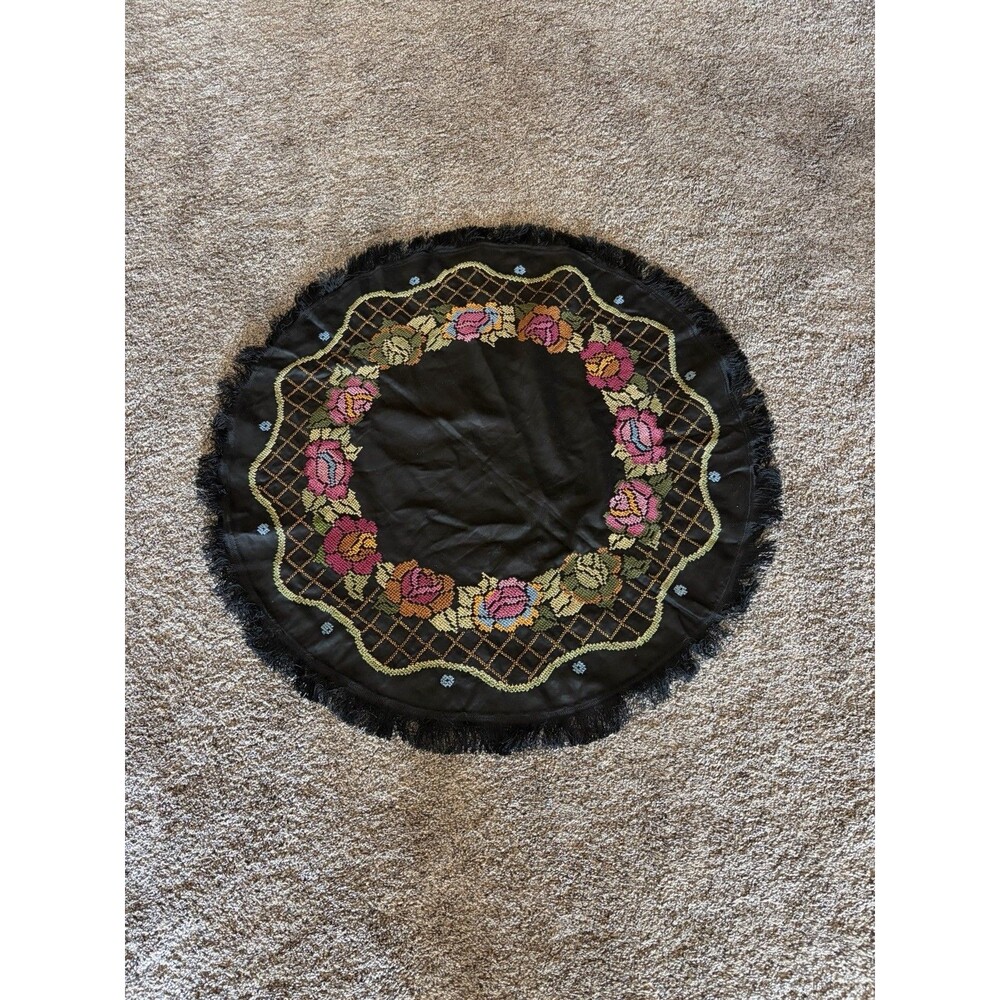 Vtg. Black Satin Multicolor Embroidered Flowers Fringe Tablecloth Round 35” Boho - Picture 14 of 14